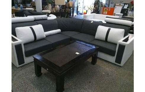 CANAPE D'ANGLE EN CUIR GRIS ET BLANC 5 PLACES AVEC APPUIS-TETE