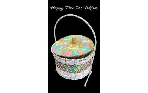 NÄHKÖRBCHEN RUND IM VINTAGE-STIL WEISS RATTAN EISEN STOFF