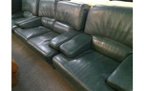 CANAPE VERT CUIR + 2 FAUTEUILS CUIR VERT