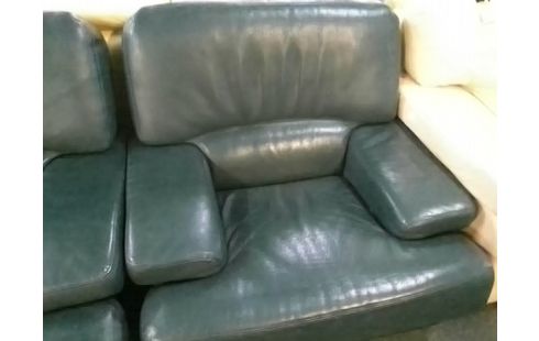 CANAPE VERT CUIR + 2 FAUTEUILS CUIR VERT