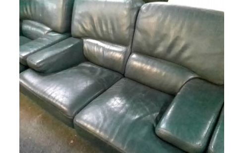 CANAPE VERT CUIR + 2 FAUTEUILS CUIR VERT