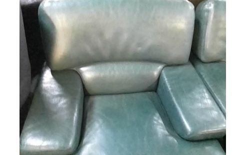 CANAPE VERT CUIR + 2 FAUTEUILS CUIR VERT