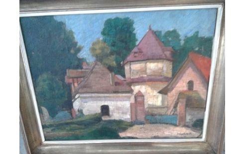 HUILE SUR PANNEAU CORPS DE FERME , ARBORÉ CIEL BLEU