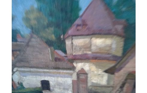 HUILE SUR PANNEAU CORPS DE FERME , ARBORÉ CIEL BLEU