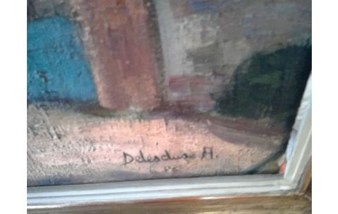 HUILE SUR PANNEAU CORPS DE FERME , ARBORÉ CIEL BLEU