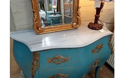 COMMODE BAROQUE PATINE BLEUE ET MARBRE 2T GM