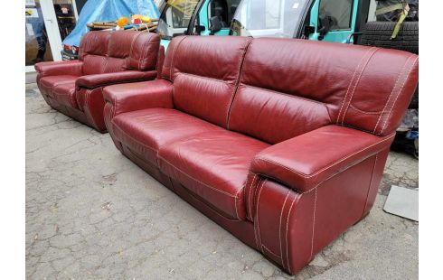 SALON CUIR BORDEAU 3 + 2