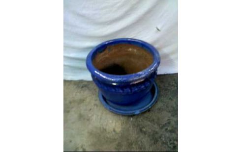 BLUMENTOPF +UNTERTOPF GROß TERRA COTTA BLAU