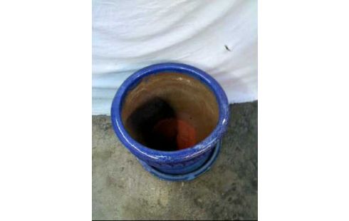 BLUMENTOPF +UNTERTOPF GROß TERRA COTTA BLAU