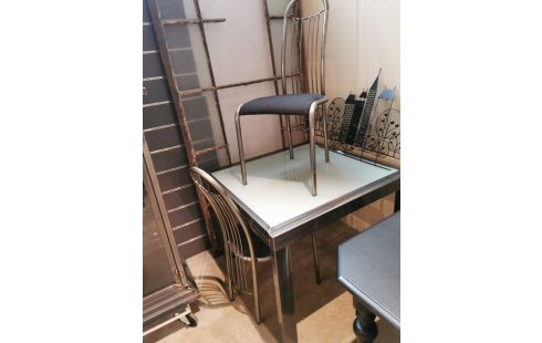 SALLE A MANGER MÉTAL PATINÉ VITRINE + TABLE + 6 CHAISES