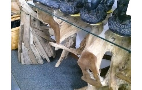 CONSOLE PIED RACINE TECK AVEC VERRE 200X45