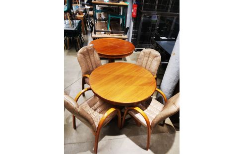 TABLE DE SALLE A MANGER RONDE NOYER AVEC ALLONGE + 4 FAUTEUILS CUIR