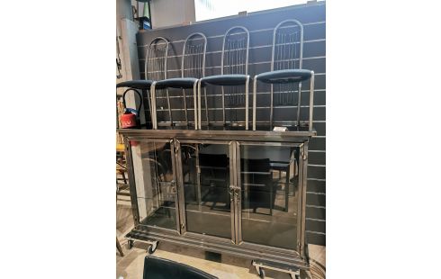 SALLE A MANGER MÉTAL PATINÉ VITRINE + TABLE + 6 CHAISES