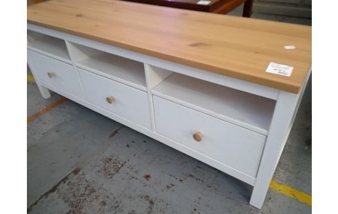 MEUBLE TELE BAS BLANC ET BOIS NATUREL 3 TIROIRS