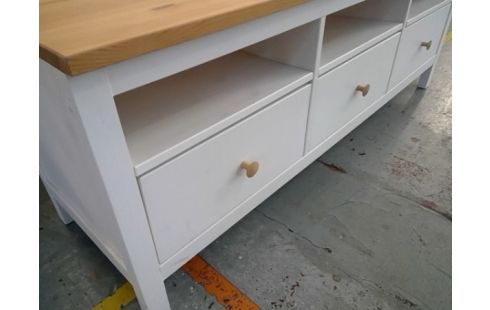 MEUBLE TELE BAS BLANC ET BOIS NATUREL 3 TIROIRS