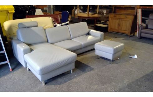 SALON 3P MERIDIENNE CUIR GRIS + POUF