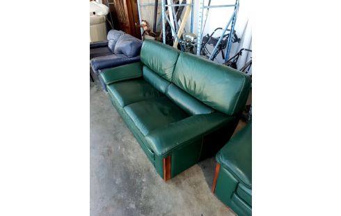 SALON CUIR VERT CANAPÉ +2 FAUTEUILS