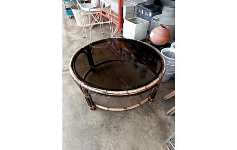 TABLE BASSE ROTIN VERRE FUMÉ