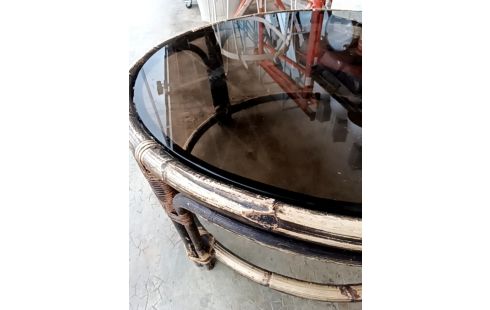 TABLE BASSE ROTIN VERRE FUMÉ