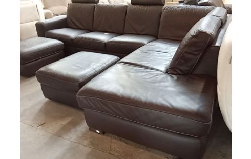 SALON D'ANGLE CUIR BRUN 2 POUFS °458 LEDERLAND