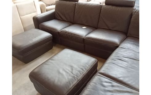 SALON D'ANGLE CUIR BRUN 2 POUFS °458 LEDERLAND