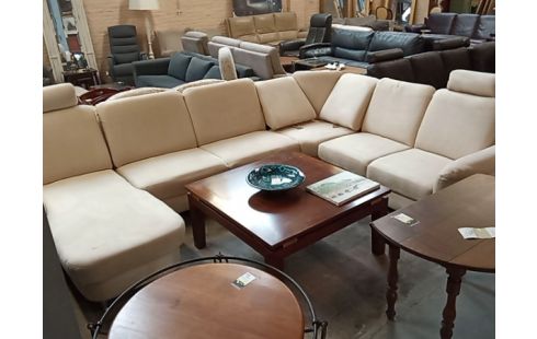 SALON D'ANGLE TISSU CRÈME DOSSIER RÉGLABLE COFFRE