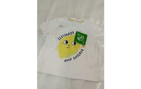 T-SHIRT BLANC DESSIN CITRON ÉCRITURE NOIR "LEMONADE 100% NATUREL" 6MOIS
