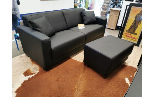 CANAPE SIMILI CUIR NOIR 3 PLACES + POUF