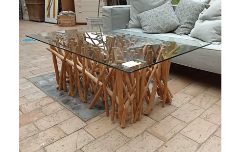 TABLE BASSE BOIS FLOTTE ET VERRE 75/120