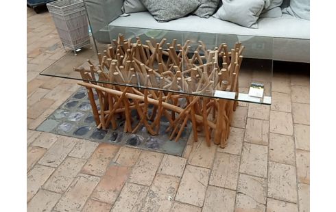 TABLE BASSE BOIS FLOTTE ET VERRE 75/120