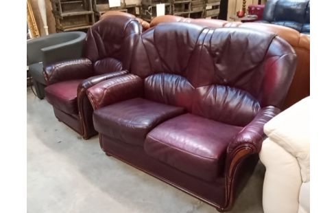 SALON 2+1 CUIR BORDEAU MERISIER