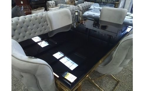 TABLE DE SALLE A MANGER PLATEAU VERRE NOIR EMPIETEMENT DORE