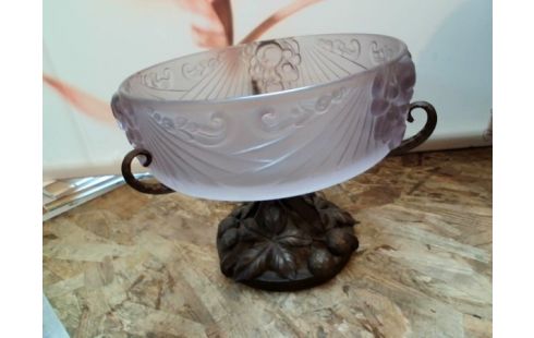 COUPE RONDE PATE DE VERRE MAUVE+PIED METAL  FRUITS ANCIEN/SCHNEIDER
