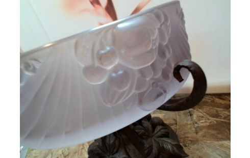 COUPE RONDE PATE DE VERRE MAUVE+PIED METAL  FRUITS ANCIEN/SCHNEIDER