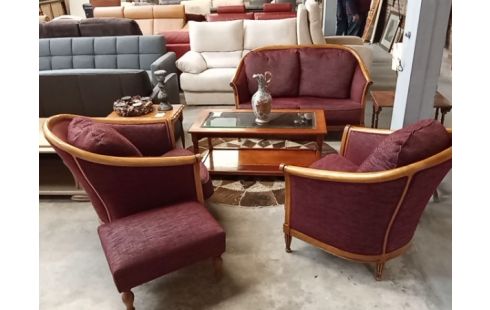 SALON MERISIER TISSU BORDEAU + POUF+ TABLE