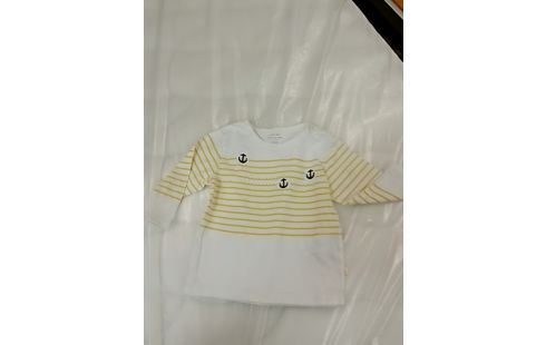 T-SHIRT BLANC MANCHE LONGUE À RAYURES JAUNE ET MOTIF ANCRE DE BATEAU BLEU- 6MOIS