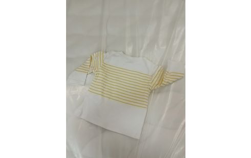T-SHIRT BLANC MANCHE LONGUE À RAYURES JAUNE ET MOTIF ANCRE DE BATEAU BLEU- 6MOIS
