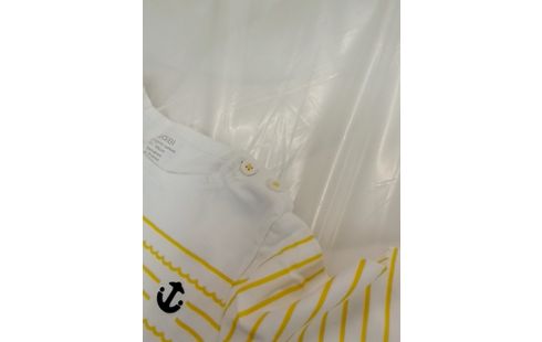 T-SHIRT BLANC MANCHE LONGUE À RAYURES JAUNE ET MOTIF ANCRE DE BATEAU BLEU- 6MOIS