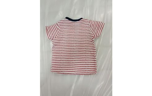 T-SHIRT BLANC À RAYURES ROUGES ET MOTIF PLANCHE DE SURF- 6MOIS