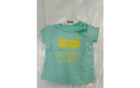 T-SHIRT BLEU TURQUOISE AVEC ÉCRAN JAUNE "MON PAPA EST MON SUPER HÉROS PRÉFÉRÉ"- 6MOIS