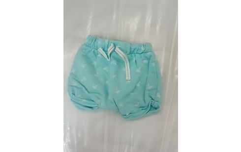 SHORT BLEU CIEL MOTIF PALMIERS BLANC AVEC LACET- 3MOIS