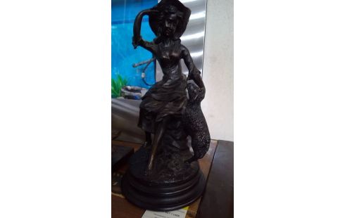 BEELD DAME MET HOED EN.HOND RESINE