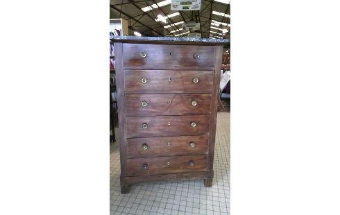 COMMODE ACAJOU DESSUS MARBRE  6 TIROIRS