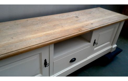 TV-MEUBEL WIT 2 DEUREN 1 LADE TEAK MASSIEF BLAD