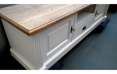 TV-MEUBEL WIT 2 DEUREN 1 LADE TEAK MASSIEF BLAD