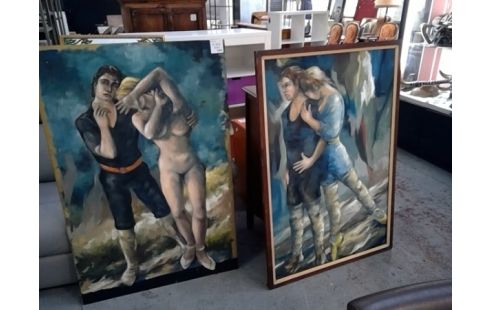 HUILE SUR PANNEAU / TOILE   SUJET COUPLE DANSE  GRAND FORMAT