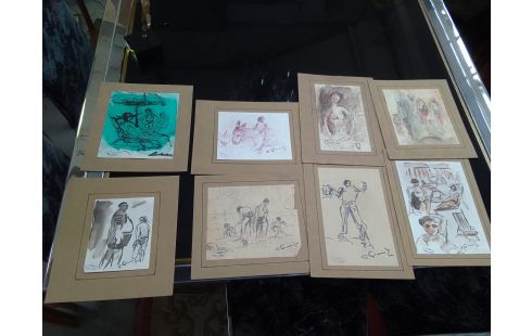 AQUARELLE ENCRE X8 PIECES SIGNE R.QUINTYN PRIX POUR LE LOT