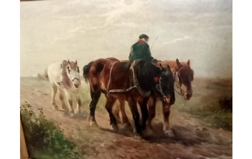 HUILE SUR TOILE CHEVAUX DE TRAIT CADRE DORE