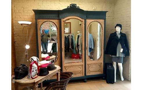 GARDE ROBES PATINE BLEUE 3 PORTES MIROIR