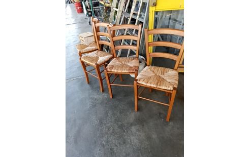 LOT DE 4 CHAISES BOIS ET PAILLE